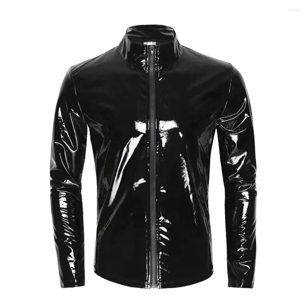 Jaquetas masculinas homens sexy wetlook gola brilhante patente couro zip up bodysuit lingerie nightclub trajes tops jaqueta sólida