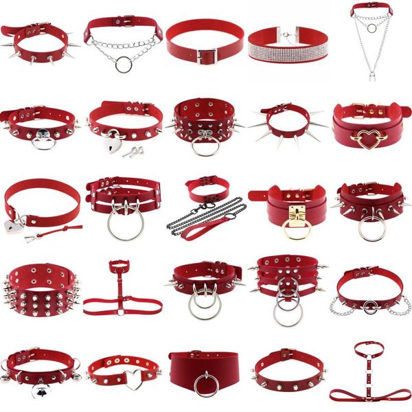 Cara gargantilha Goth Goth Red PU Colar de couro para mulheres Cosplay Silver Color Stainless Stone Aço Correnturas de Golas Grunge Jóias Punk