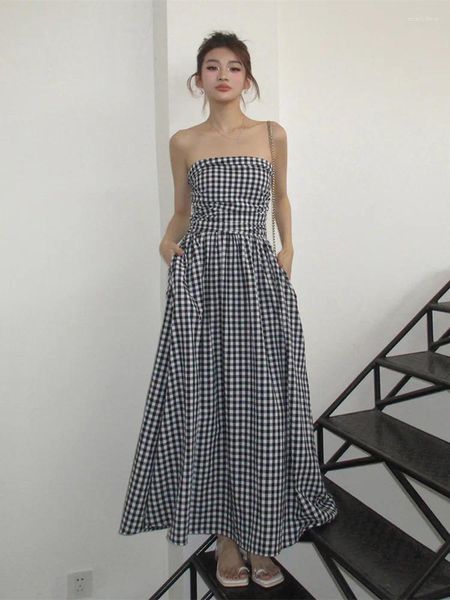 Casual Kleider Frühling Sommer Vintage Plaid Für Frauen 2023 Koreanische Mode Lose A-line Weibliche Trägerlose Midi Kleid Elegant