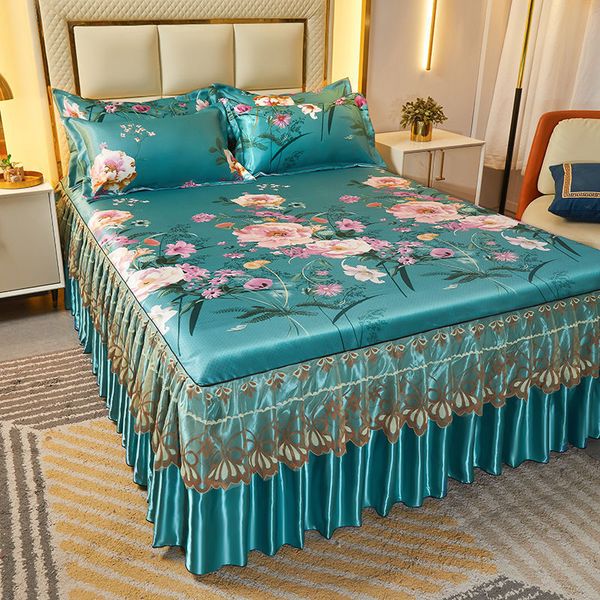 Saia de cama 2/3 pedaços de cama de renda clássica cama azul royal cama lavável com tiras elásticas adequadas para roupas de cama de tamanho grande 230410