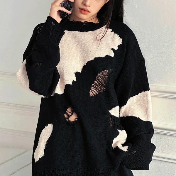 Kadın Sweaters Kadın Y2K Vintage Sakiller Sweater Grunge Tie Boya Uzun Kollu Örme Jumper Retro Gevşek Uyum Pimi Dekor Şeritli Üstler