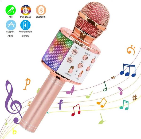 Microfoni Microfono karaoke wireless Altoparlante portatile portatile Bluetooth Lettore KTV domestico con luci LED danzanti Funzione di registrazione per bambini 231109