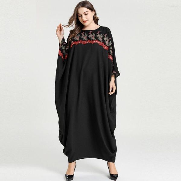 Abbigliamento etnico Elegante ricamo a foglia Appliques Musulmano Abaya Manica a pipistrello nera Caftano oversize Elbise Vestidos Robe Musulmane Longue