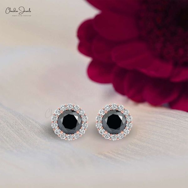 14k ouro sólido natural halo brincos 4mm corte redondo diamante preto marcado joias delicadas preço de atacado de fábrica