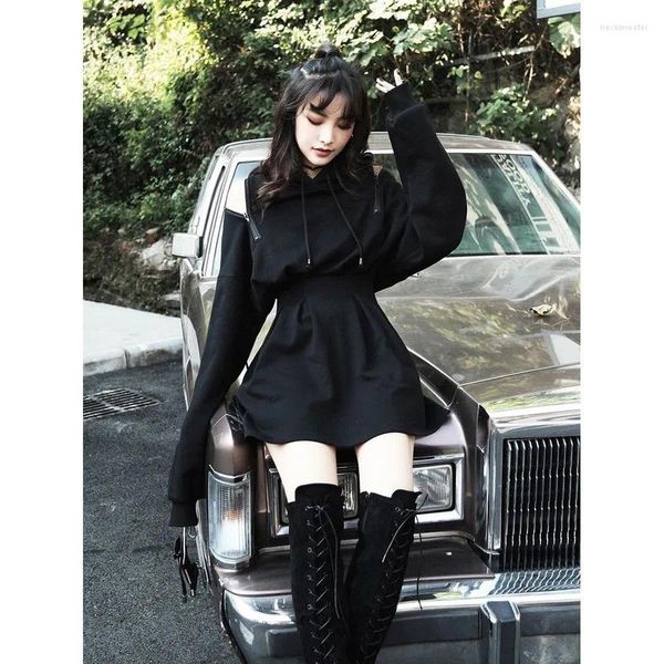 Vestidos casuais curto preto mini vestido com capuz 2023 outono estilo envoltório hoodie manga longa mulheres harajuku streetwear gótico