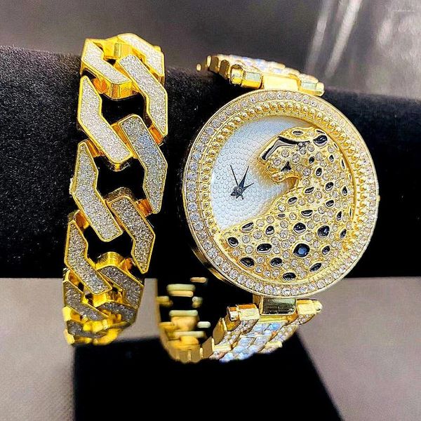 Orologi da polso Smvp Iced Out Orologio da donna Bling CZ Bracciale Leopardo da polso di lusso con diamanti Orologi Set di gioielli