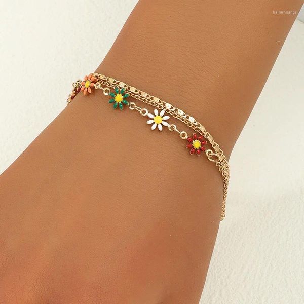 Charm-Armbänder Minar Sweet Candy Color Emaille Gänseblümchen Blume für Frauen 14K Gold versilbert Kupfer dreischichtiges Armband