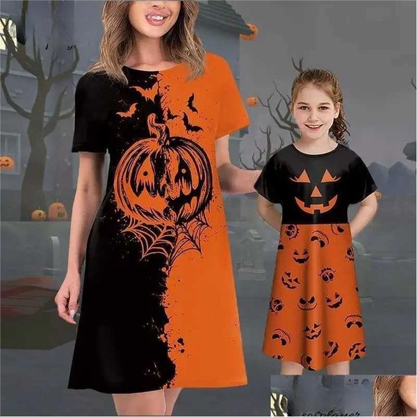 Família combinando roupas tema traje cor cosplayer vestidos de halloween mal abóbora impressão 3d cosplay vêm feminino vestido gótico criança otipa