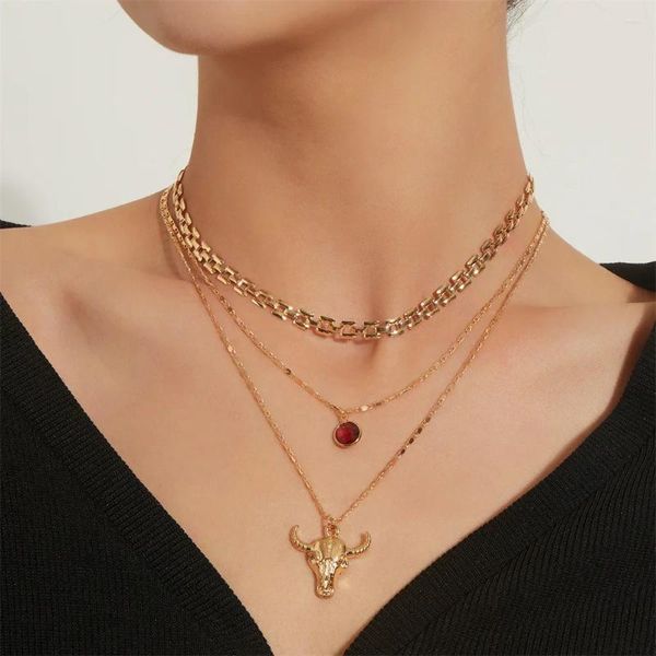 Pingente colares moda banhado a ouro prata cor corrente colar para mulheres vintage multinível cabeça de touro vermelho cristal jóias presente