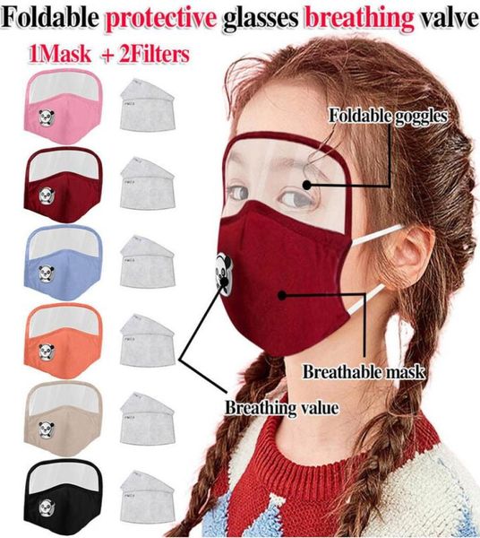 Kinder-Gesichtsmaske mit 2 Filtern und Augenschutz, modisches Anti-Staub-Panda-Ventil, für Kinder, Partys im Freien, wiederverwendbar, waschbar, Baumwolltuch2079293