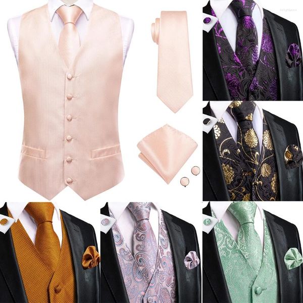 Coletes masculinos coral rosa homens colete gravata luxo vestido de seda sólida sem mangas jaqueta 4 pc hanky cufflink paisley terno colete presentes de casamento hi-tie