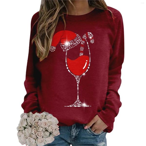 Felpe con cappuccio da donna Felpa di buon Natale Donna Bicchieri da vino Stampa Pullover Girocollo Tuta casual Felpa con cappuccio moda Festival Sudadera