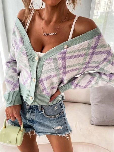 Damen Strick im europäischen Stil Frau Strickmantel Strickjacke Plaid Herbst Winter Pullover Herbst 2023 Kleidung