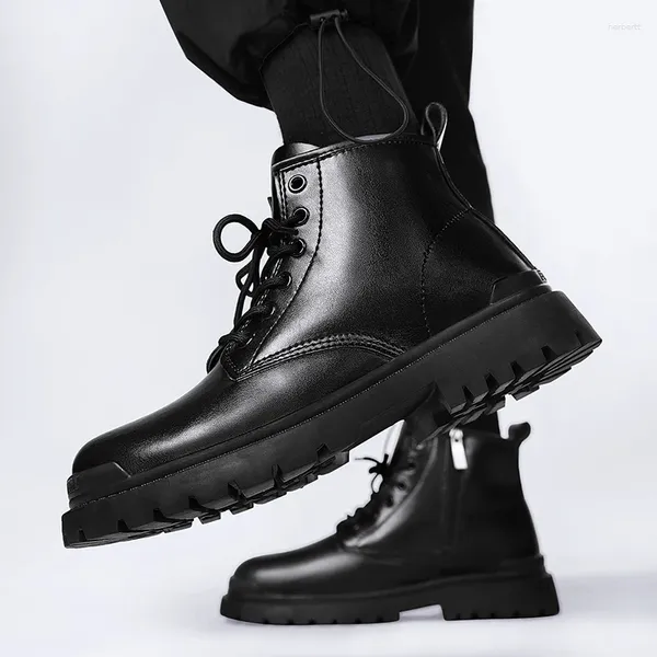Ботинки из натуральной кожи, мужские черные с боковой молнией, мужской мотокросс, уличная обувь с высоким берцем в стиле панк, повседневная обувь до щиколотки в уличном стиле