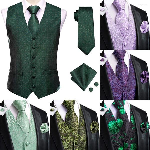 Coletes masculinos escuro verde seda homens colete gravata elegante vestido sólido sem mangas jaqueta 4 pc hanky cufflink paisley terno colete presente de casamento hi-tie