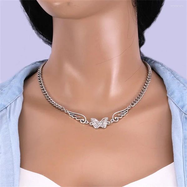 Ожерелья с подвесками, винтажная модная серебряная цепочка в стиле панк, ожерелье с кристаллами бабочки и полыми крыльями ангела для женщин, женское колье в стиле хип-хоп