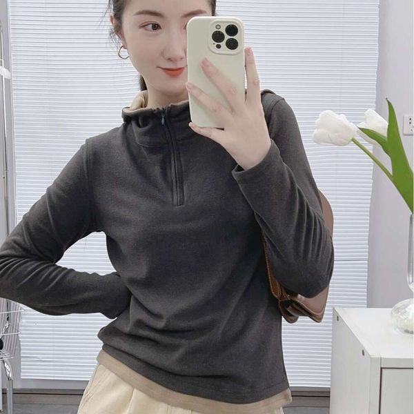 2023 autunno nuova edizione coreana pannello con cappuccio mezza cerniera pullover maglione a maniche lunghe top da donna 3368