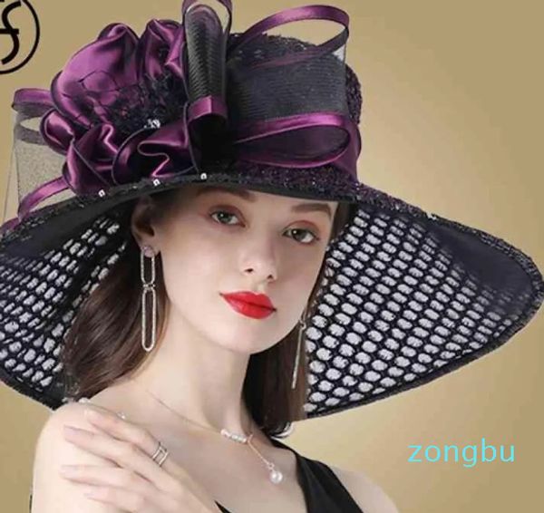 FS Lila Damen Fascinator Hüte Hochzeit Kentucky Derby Für Frauen Blume Große Breite Krempe Fedora Organza Hut Kirche