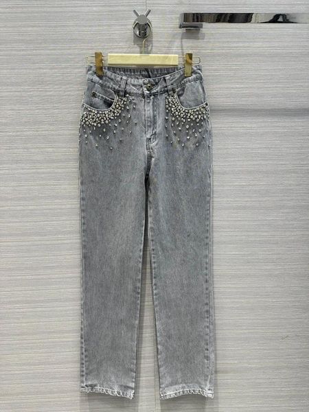 Jeans da donna 2023 Autunno/Inverno Industria Pesante Adesivo Diamante Rettifica Grigio Lavaggio Denim Dritto Barile Pantaloni a Vita Alta Donna