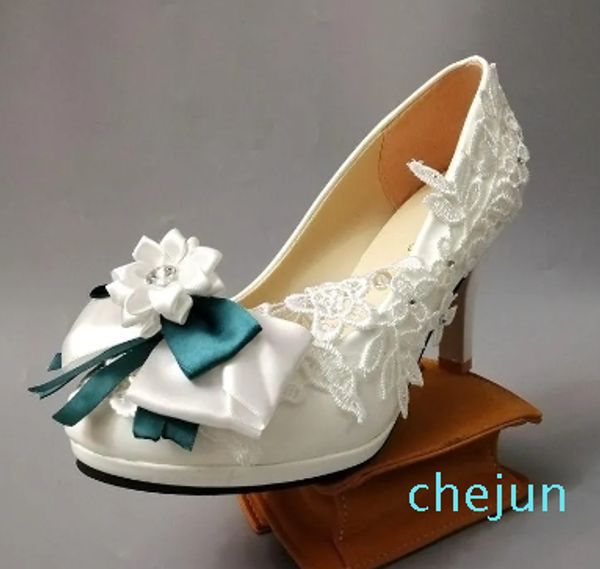 Kleid Schuhe High Heels Weiß Grün Schleife Braut Hochzeit Spitze Pumps Für Frau Plus Damen Blumenmädchen Party WhiteDress