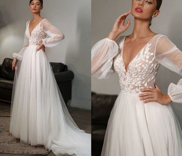 Abiti da sposa in pizzo bohémien 2024 Applicazioni con scollo a V Maniche a sbuffo Abiti da cerimonia da sposa Abiti da Noiva Boho Chic