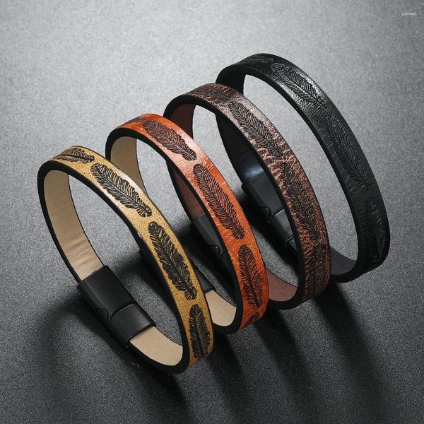 Charme pulseiras de couro vintage para homens moda folha impressa com fecho magnético pulseira presentes de festa jóias punk