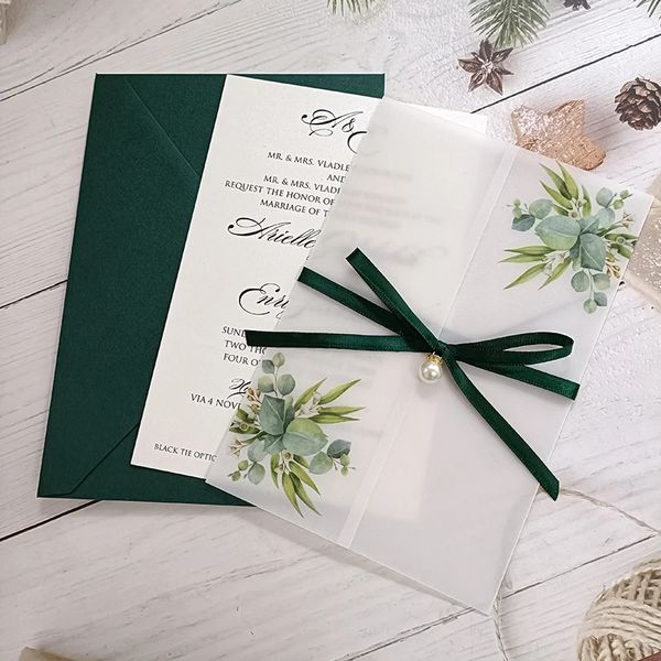 Cartões 50pcslot verde transparente cartão de convite de casamento com fita e envelope DIY doce 15 quinceanera festa convida 231110