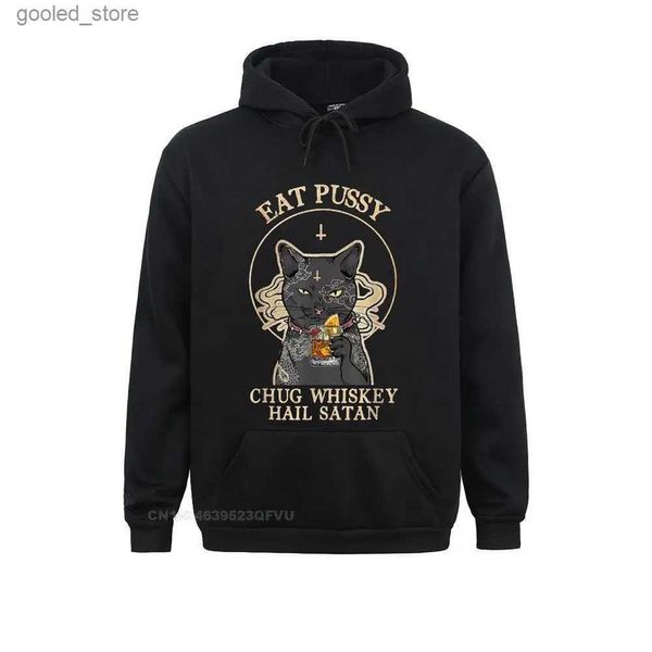 Мужские толстовки с капюшоном Funny Black Cat Eat Pussy Chug Hail satan Vintage Men Funny Premium Cotton Camisas Hombre Hoodie Unisex Men Streetwear S Q231110