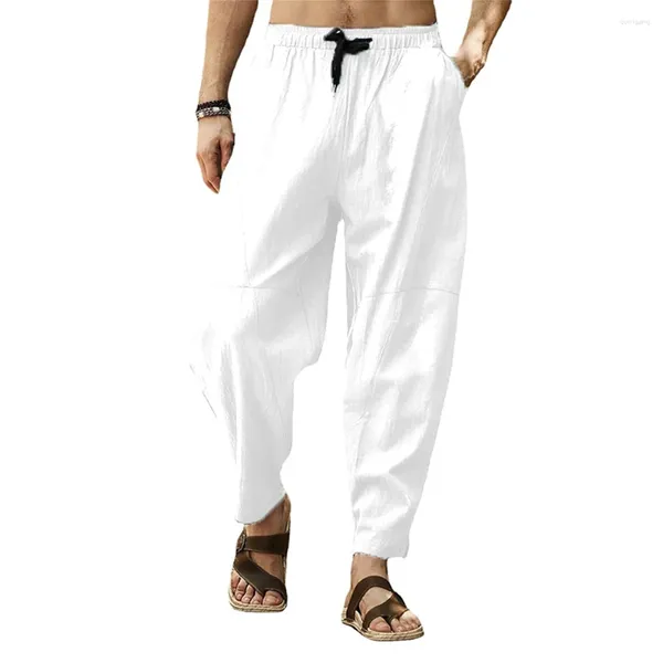 Calças masculinas casuais de algodão linho baggy joggers cor sólida respirável cintura elástica esportes yoga harem calças roupas