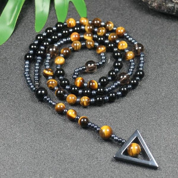 Collane con ciondolo 8mm Occhio di tigre Nero Ossidiana Rosario tibetano Collana di perline di preghiera per uomo Donna Triangolo di ematite Gioielli Yoga