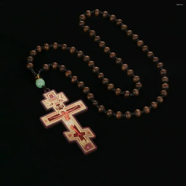 Collane con ciondolo CottvoReligious Grande Crocifissione ortodossa orientale Croce Perline di preghiera in legno Collana a catena Battesimo Gioielli pendenti