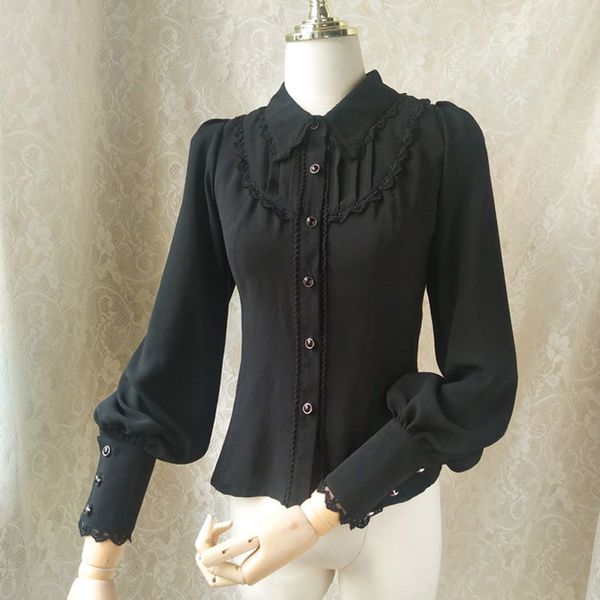 Bloups feminina camisa feminina gótica chiffon botão para baixo camisa branca/preta camisa lolita com pescoço redondo 230410