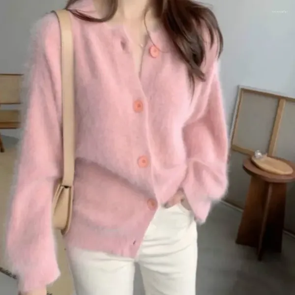 Maglieria da donna 2023 Autunno Inverno Maglioni Bottoni lavorati a maglia Cardigan Allentato Oversize Coreano Elegante Mohair Top Rosa Bianco Donna