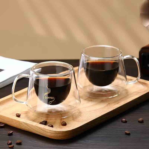 Tazza da caffè a doppio strato con manico, tazza in vetro borosilicato alto, bicchiere da caffè ecologico resistente al calore, tazza per feste hawaiane, decorazioni per feste, forniture per compleanno, 200 ml/7 once