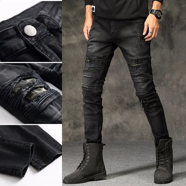 Jeans da uomo Jeans strappati da uomo nuovi di alta qualità in cotone nero jeans da moto ultrasottili jeans skinny vintage da uomo pantaloni hip-hop 231109