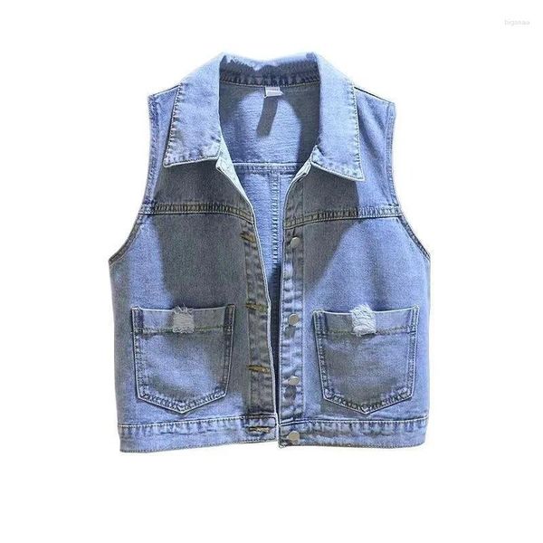 Coletes femininas moda curto buraco denim colete mulheres primavera outono bolso jean colete sem mangas jaqueta feminina outerwear casual tops t047