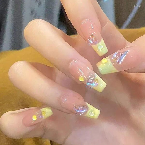 Unhas falsas gotas de água alienígena usando unhas bonito remendo amarelo branqueamento realce