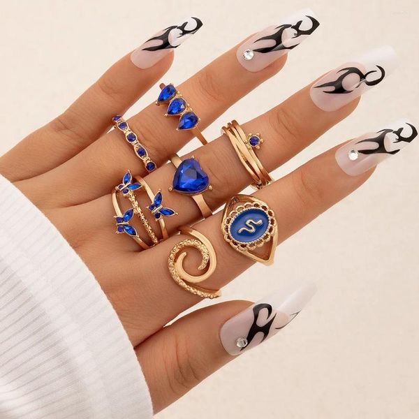 Anéis de Cluster Diezi Vintage Azul Borboleta Knuckle Set para Mulheres Meninas Bohemian Geometria Imitação Gem Stone Dedo Joint Anel Jóias
