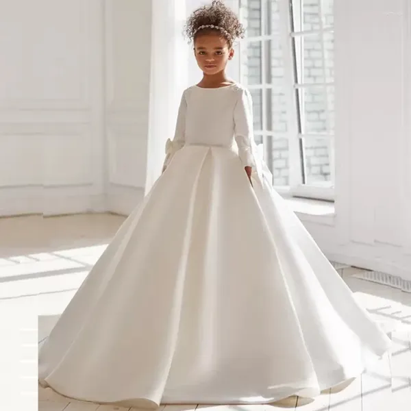 Mädchenkleider Elfenbein weißes Satin Blumenkleid Kristall Langarm Trail Hochzeit Elegante Kindergeburtstagsfeier Abend Ballkleider