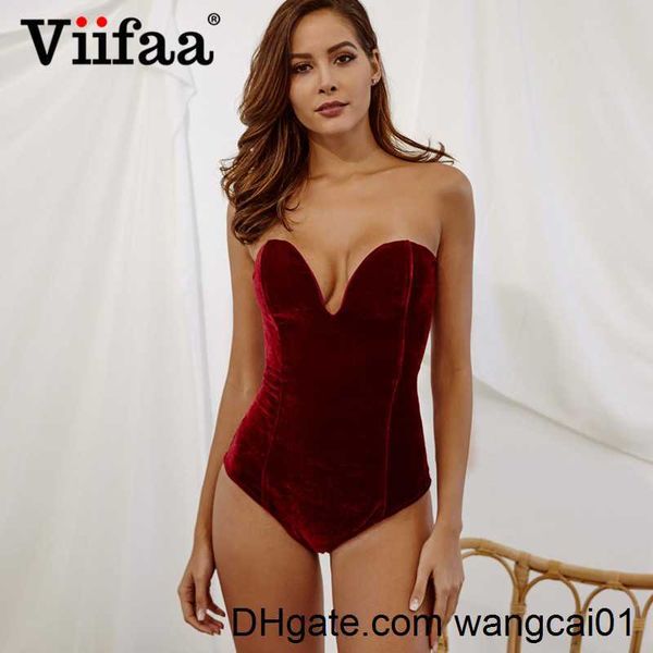 Viifaa Burgund Strapss Velvet Sexy Bodysuit Frauen Schatz Bodycon Backss Lace Up Body 2019 V-Ausschnitt Party Bodysuits 4103