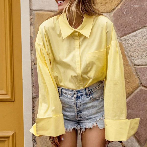 Blouses feminina Sleeve Sleeve Camisa feminina Amarelo colarinho vintage Cardigã longo para mulher LONCE OFFICE 2023 Autumn Top feminino