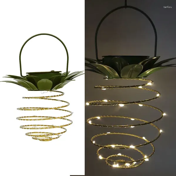 Decorações de jardim ao ar livre pendurado lanterna solar metal à prova d'água abacaxi ferro arte luzes LED decorativas