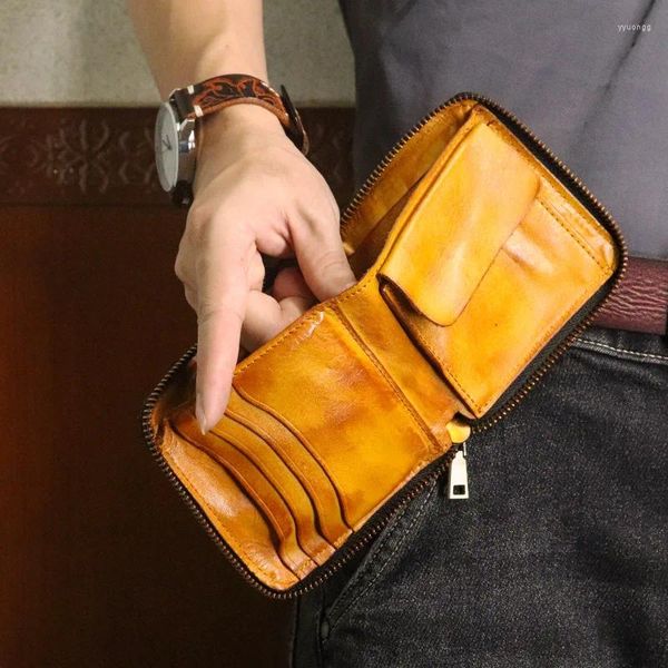 Кошельки Винтажный кожаный кошелек Короткий нулевой из коровьей кожи растительного дубления Персонализированная трендовая мужская сумка для карт