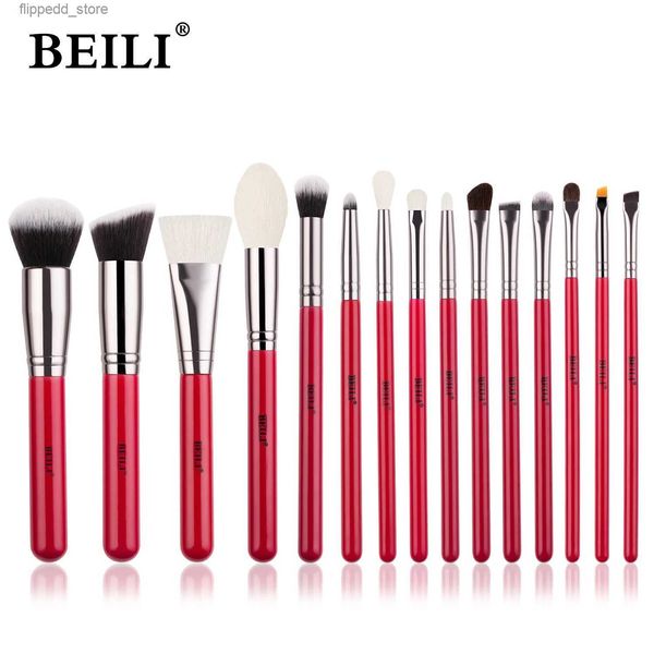 Pennelli per trucco BEILI Pennelli per trucco Set 15 pezzi Manico rosso Capelli naturali professionali Ombretto in polvere Fondotinta per sopracciglia Pennello per cosmetici Q231110