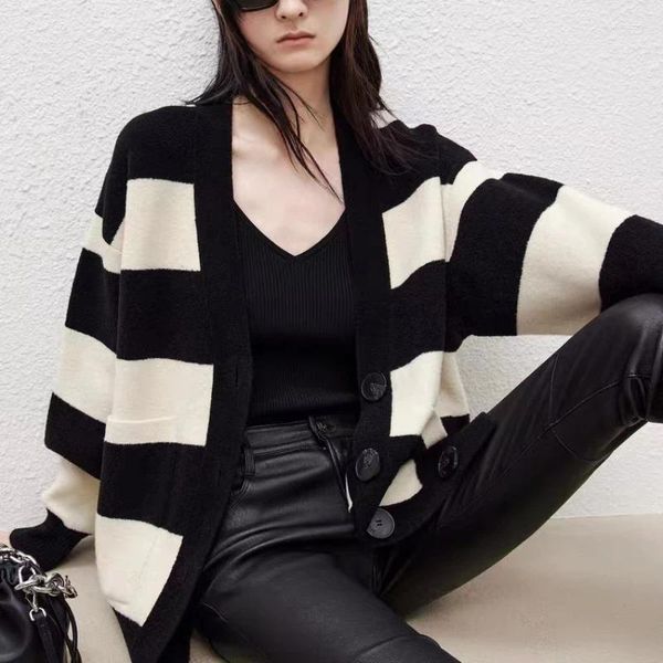 Malhas femininas 2023 outono e inverno lã misturada preto branco listrado solto versátil malha cardigan jaqueta feminina