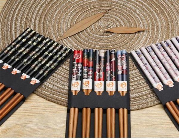 Essstäbchen, wiederverwendbar, 5-Paar-Set, handgefertigt, Bambus, japanischer Stil, Naturholz, Essstäbchen, Sushi, Essen, Katze, Blume, mehrfarbig, Holz, Cho6475906