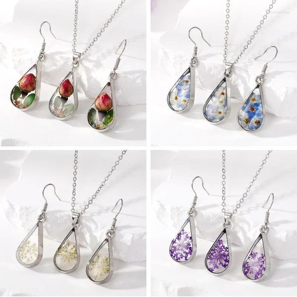 Anhänger Halsketten Vintage Kreative Wassertropfen Rose Ohrringe Für Frauen Trockene Blumen Voller Himmel Stern Blume Bündel Halskette Set Schmuck geschenk