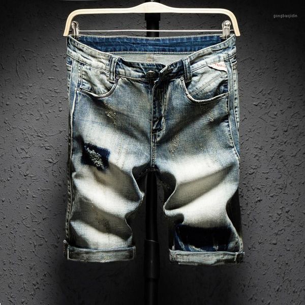 Pantaloncini da uomo Jeans in denim di cotone hip-hop Uomo Pantaloni strappati estivi Pantaloni blu vintage Pantaloni da uomo al ginocchio con graffi sottili