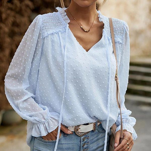 Camicette da donna Elegante chiffon con scollo a V Dot Puff Camicetta da donna con volant in maglia trasparente Maniche lunghe Camicie blu Volant Top casual Blusa