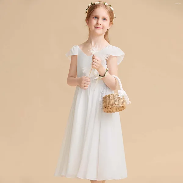 Abiti da ragazza A-line con scollo a V e lunghezza al tè in chiffon, spettacolo, festa, fiore, abito per bambini, matrimonio, damigella d'onore, compleanno, formale, abito da principessa